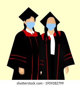 Graduated 2 women's in wearing graduation gowns and medical face mask.Covid -19 prevention and new normal concept  in illustration art - Powered by Shutterstock