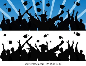 Graduates throw their caps into the sky. Festive illustration on the theme of graduation from university and college. Vector eps 10. People celebrating. Black silhouette on a white and blue background - Powered by Shutterstock