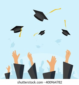 Graduating Students Of Pupil Hands In Gown Throwing Graduation Caps In The Air, Flying Academic Hats, Throw Mortar Boards In The Sky Flat Cartoon Illustration Design Isolated On Blue Background Image