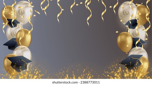 Graduation background with balloons, graduation caps, ribbons and fireworks on grey background.  Free space for text.  Festive graduation celebration party. - Powered by Shutterstock