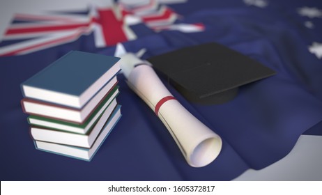 Graduation Cap, Books And Diploma On The Australian Flag. Higher Education In Australia Related Conceptual 3D Rendering