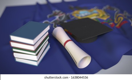 Graduation Cap, Books And Diploma On The Flag Of Pennsylvania. Higher Education In The USA Related Conceptual 3D Rendering