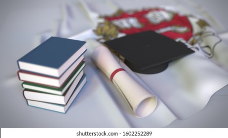 Graduation Cap And Diploma On The Flag With Coat Of Arms Of Harvard University. Editorial Education Related 3D Rendering