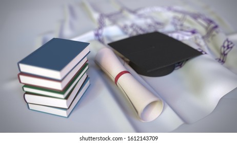 Graduation Cap And Diploma On The Flag With Coat Of Arms Of The New York University. Editorial Education Related 3D Rendering