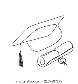 Graduation Cap And Diploma In One Line Drawing Style. Illustration In The Style Of Minimalism, The Concept Of Higher Education