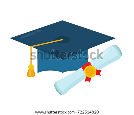 Graduation cap and diploma rolled scroll. flat cartoon illustration character icon.Isolated on white background. Finish education, Graduate hat and scroll. student concept