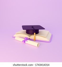 Graduation Cap And Diploma Scroll. 3d Render