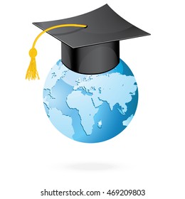 The Graduation Cap And Globe Icon. Mortar Board And World Isolated On White. Raster Version.