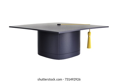 Graduation Cap With Gold Tassel Isolated On White Background. Graduation Hat. 3d Illustration