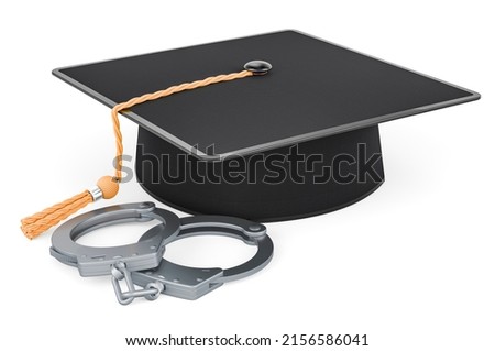 Graduation cap with handcuffs, 3D rendering isolated on white background
