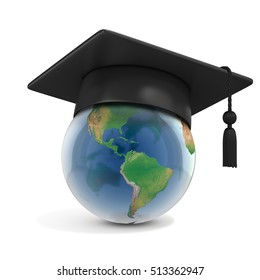 Graduation Cap On Top Of The Globe 3d Rendering