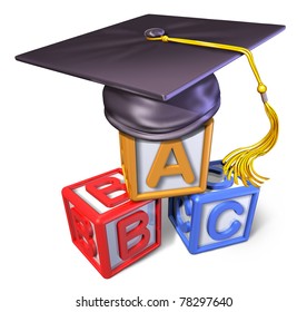 Graduation cap with play blocks representing the concept of preschool education and classroom toy isolated on white featuring three cubes with the letters a b and c with mortar hat.