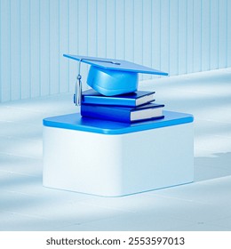 A graduation cap resting on a stack of books placed on a minimalist white and blue platform, symbolizing education, achievement, and academic success - Powered by Shutterstock