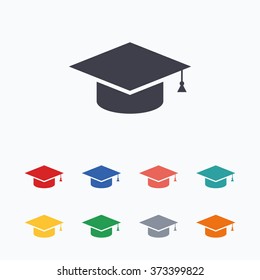 Graduation Cap Sign Icon. Higher Education Symbol. Colored Flat Icons On White Background.