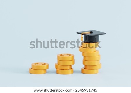 Graduation cap with stack of coins. Education cost or scholarship loan. Tuition budget of college, university learning fee, invest in knowledge concept. 3d rendering