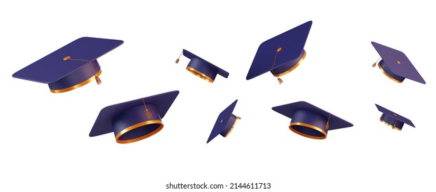 Graduation caps in the air isolated on a white background. Congratulations on graduation from university or school, 3d render. Lots of graduation hats thrown in the air
