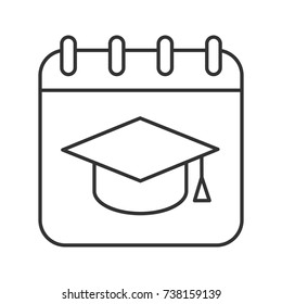 Graduation Date Linear Icon. Thin Line Illustration. Calendar Page With Square Academic Hat. Contour Symbol. Raster Isolated Outline Drawing