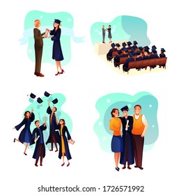 Graduation Flat Illustrations Set. University Students Throwing Graduation Caps Cartoon Characters. Commencement Ceremony. College, School Pupil Giving Speech On Stage Isolated Clipart. Raster Copy