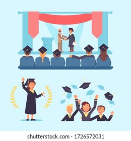 Graduation Flat Illustrations Set. University Students Throwing Graduation Caps Cartoon Characters. Commencement Ceremony. College, School Pupil Giving Speech On Stage Isolated Clipart. Raster Copy