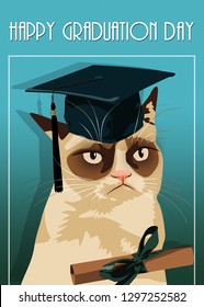 Graduation Greeting Card,  Grumpy Cat In Graduation Cap. Internet Meme 