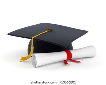 Graduation Hat With Certificate Isolated On White Background. 3d Illustration