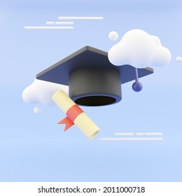 graduation hat and diploma cartoon style with clouds on abstract background. 3D Illustration. 3D Rendering. - Powered by Shutterstock