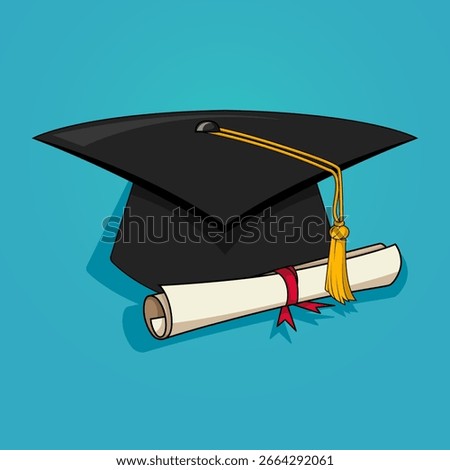 Graduation Hat and Diploma – Flat Vector Illustration of Education, Academic Achievement, and Success