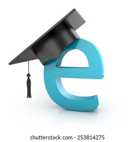 Graduation hat on e. e -learning concept. 3d illustration