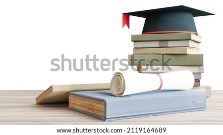 graduation hat onstack of books on wood table. 3D render
