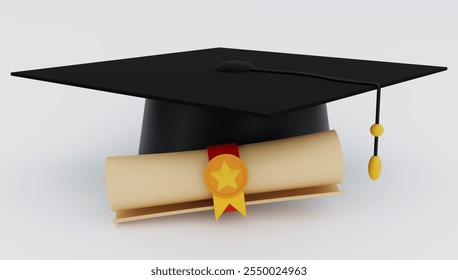 Graduation icon with square hat and academic certificate. 3d illustration - Powered by Shutterstock