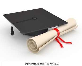 Graduation. Mortarboard And Diploma On White Background. 3d