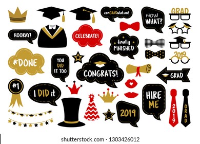 Graduation Party Photo Booth Props. Photobooth Set: Hat, Cap, Diploma, Mustache, Kiss, Glasses. Congrats Grad. Gold And Black Bubbles With Funny Quotes. Concept For Selfie 