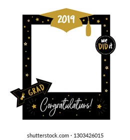 Graduation party photo booth props. Frame with cap for grads. Concept for selfie. Photobooth element. Congradulation grad quote. Gold and black decoration for celebration