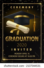 Graduation Party. Prom Celebration Invitation Poster, Congratulation And Greetings Flyer With Black Degree Cap And Confetti.  Education Banner