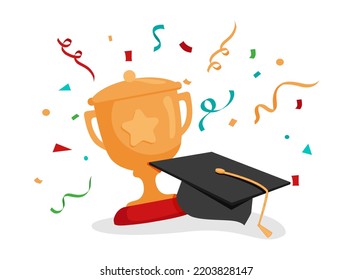 Graduation Of University, College For Student. Graduation Hat And Diploma With Prize Winner And Golden Cup.  Education Diploma For Student Award Ceremony Concept  Illustration