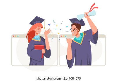 Graduation Video Conference In Laptop, College Or University High School Student With Diplomas In Hands Celebrate Graduate Ceremony From Home. Online Celebration New Reality, Covid Coronavirus