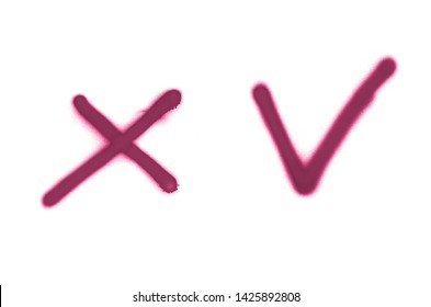 Graffiti check mark and cross sign sprayed on white isolated background. Approving and denying symbols painted in street art tag style in purple color