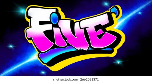 graffiti five, letter five with a unique graffiti bubble pattern and bright colors and galaxy background
