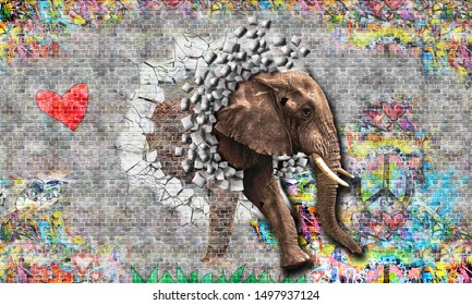 Graffiti on a wall an elephant comes out of a brick wall. 3d rendering.