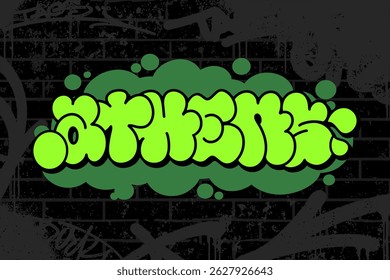 Graffiti throw-up text “Athens” in bold bubble letters on black brick wall background. Includes graffiti scribbles for raw urban feel. Perfect for posters, apparel, and street art designs.
 - Powered by Shutterstock - Get 15% off with code: PIKWIZARD15
