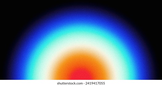 Стоковая иллюстрация: Grainy background glowing vibrant color gradient blue orange red black circle ring, noise texture banner poster design