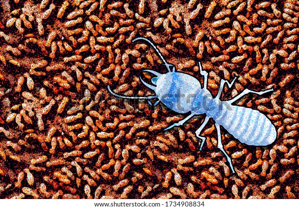 Grainy\
illustration lots of white ants and one big white ant. Termites.\
Possibly a concept White Anting in a\
organisation.