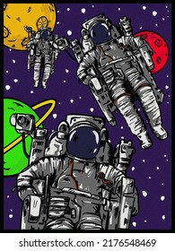 Grainy Textured Comic Art Of Astronauts Floating In Space With Background Of The Yellow Moon, Red, Green Planets, And Purple Galaxy And White Stars And Comets For Poster And T-shirt Design