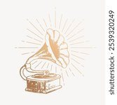 Gramophone clipart, gold record player, aesthetic illustration. Gold vintage etching drawing of gramophone illustration. Vintage gold sketch drawing illustration of gramophone, music drawing logo.