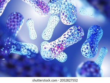 Gram-positive anaerobic bacteria. Background with bifidobacteria. Sedate bifidobacteria on blue background. Microbiome background. Microbiology wallpaper. Microflora visualization. 3d rendering.