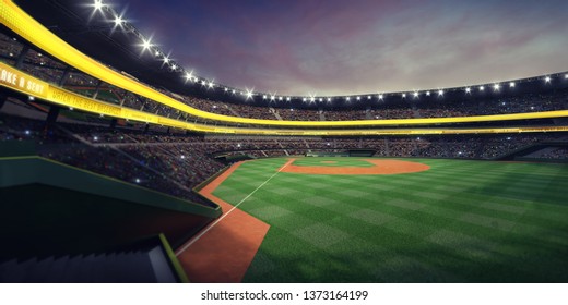 Grand Baseball Stadium From Fan View On Grandstand At Nightfall, Modern Public Sport Illuminated Building 3D Render Background 