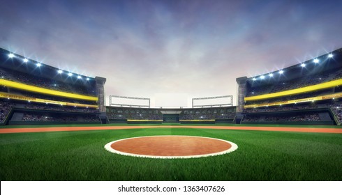 Grand Baseball Stadium Field Spot Daylight View, Modern Public Sport Building 3D Render Background 