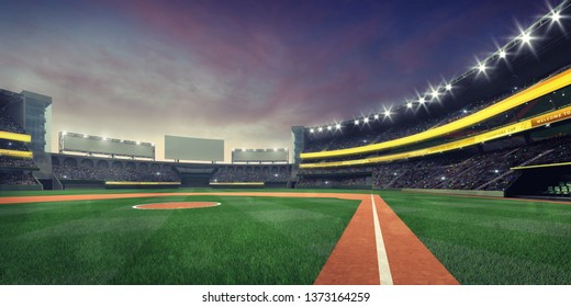 Grand baseball stadium playground infield nightfall view, modern public sport illuminated building 3D render background 
