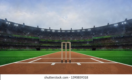 Grand cricket stadium with wooden wickets front view in daylight, modern public sport building 3D render series 