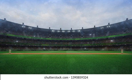 Grand cricket stadium with wooden wickets side view in daylight, modern public sport building 3D render series 